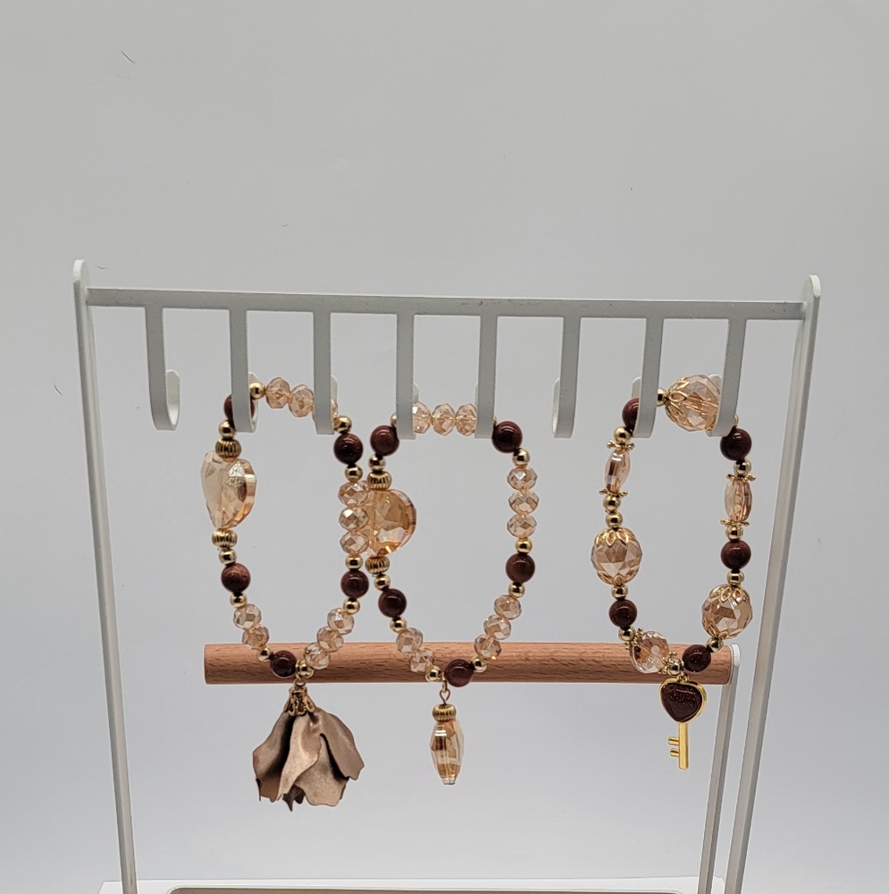 Hand Crafted Gold and Brown Beaded Bracelet Trio